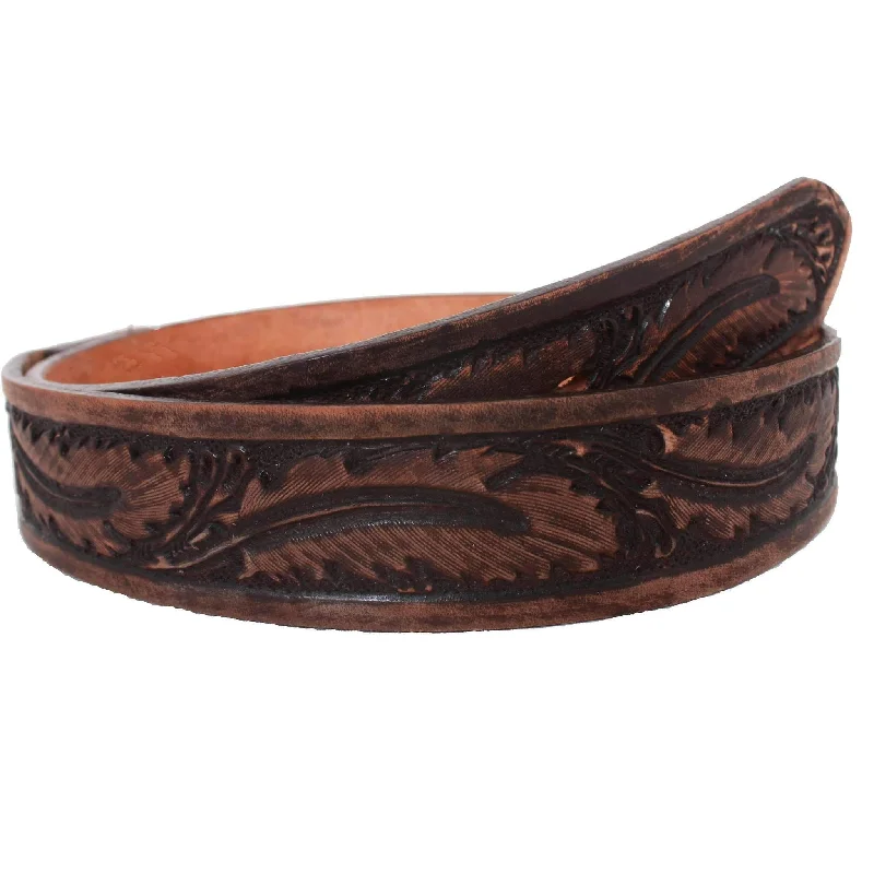 thin elastic waist belt for skirts -B022 - Brown Vintage Feather Tooled Belt