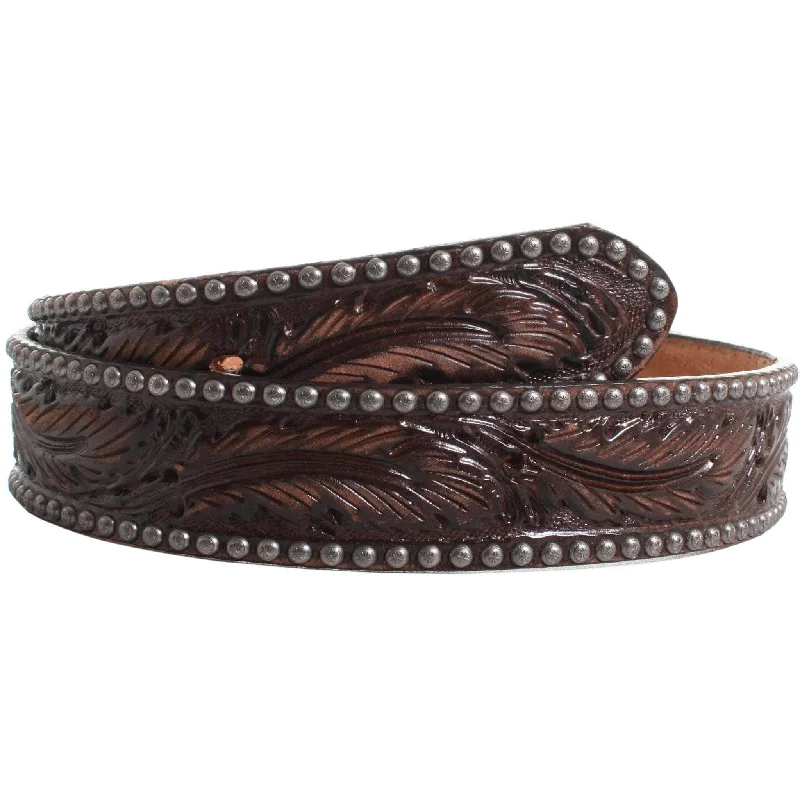 designer leather belt for casual outfits -B022A - Brown Vintage Feather Tooled Belt