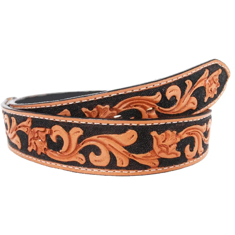 high-quality leather waist belt for jeans -B026 - Floral Tooled Belt