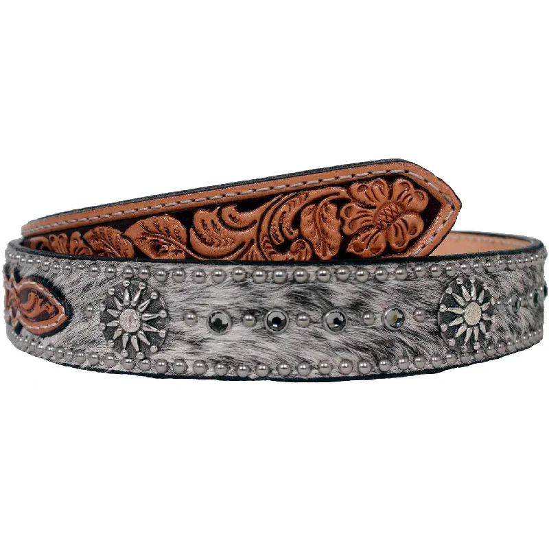 women’s braided leather belt with buckle -B036 - Black Roan Hair and Floral Tooled Belt