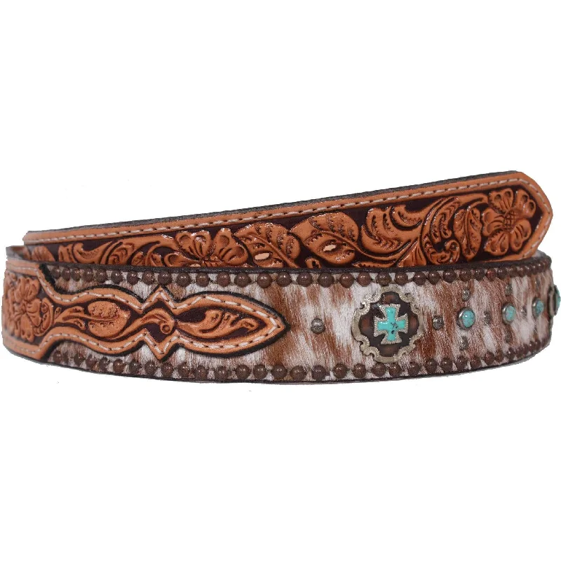 slim leather belt for work attire -B038 - Roan Hair and Floral Tooled Belt