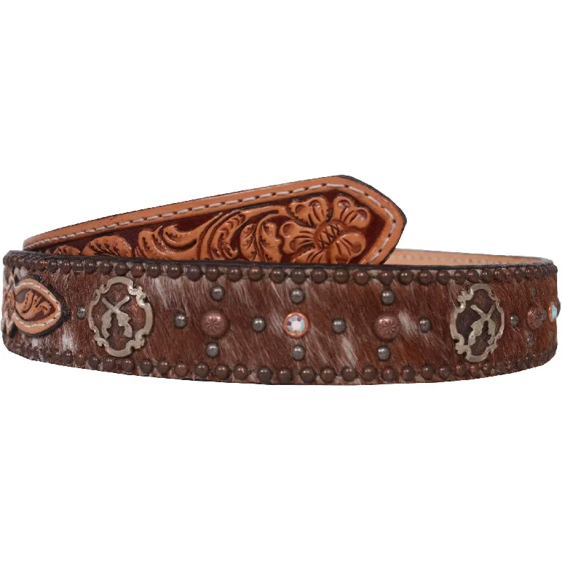 leather belt for winter jackets -B046 - Roan Hair and Floral Tooled Belt