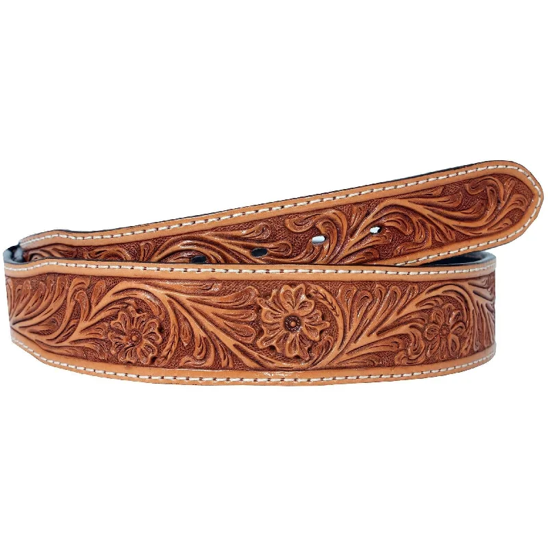 wide elastic waist belt for women’s dress -B051 - Natural Floral Tooled Belt