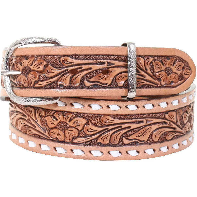 thick leather belt with large buckle -B063 - Floral Tooled Buckstitch Belt