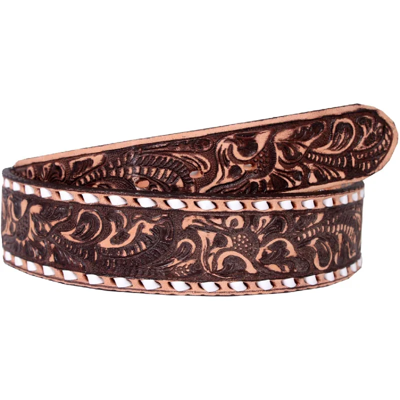 stylish waist belt for maxi dress -B063B - Brown Vintage Floral Tooled Buckstitch Belt