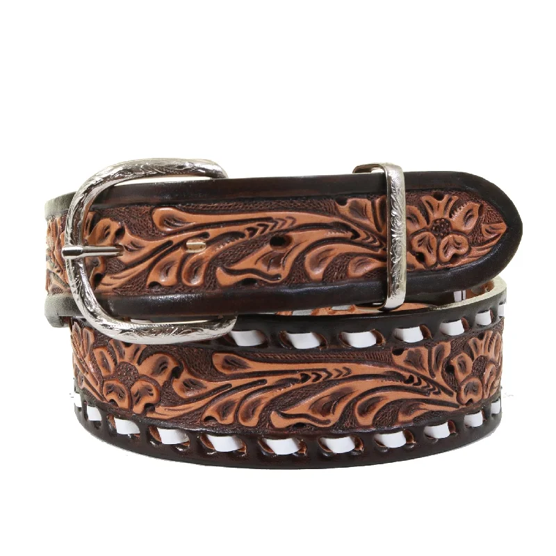 brown woven leather belt for men -B063C - Floral Tooled Buckstitch Belt