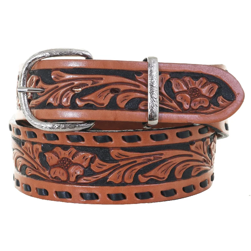 elegant leather belt for business attire -B067 - Floral Tooled Buckstitch Belt