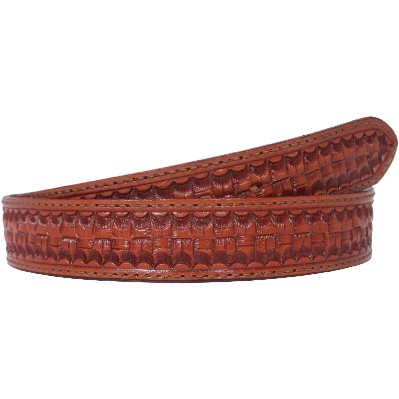 leather belt with pearl embellishment -B068 - Chestnut Basketweave Tooled Belt