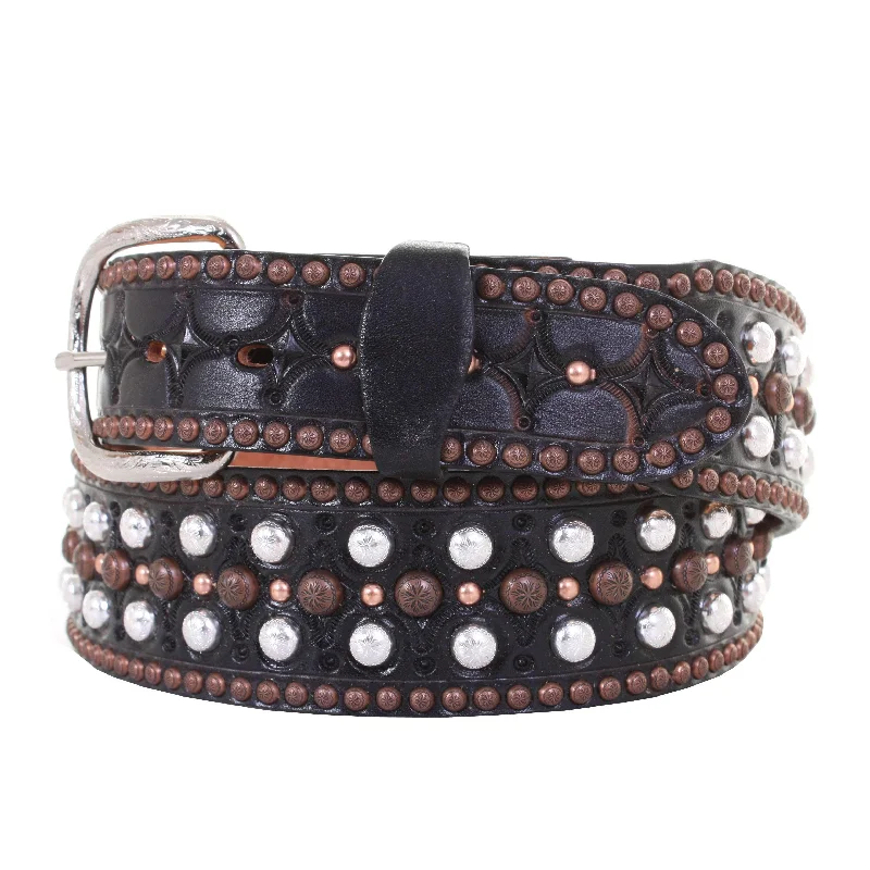 braided leather waist belt with metal buckle -B081A - Black Leather Tooled Belt