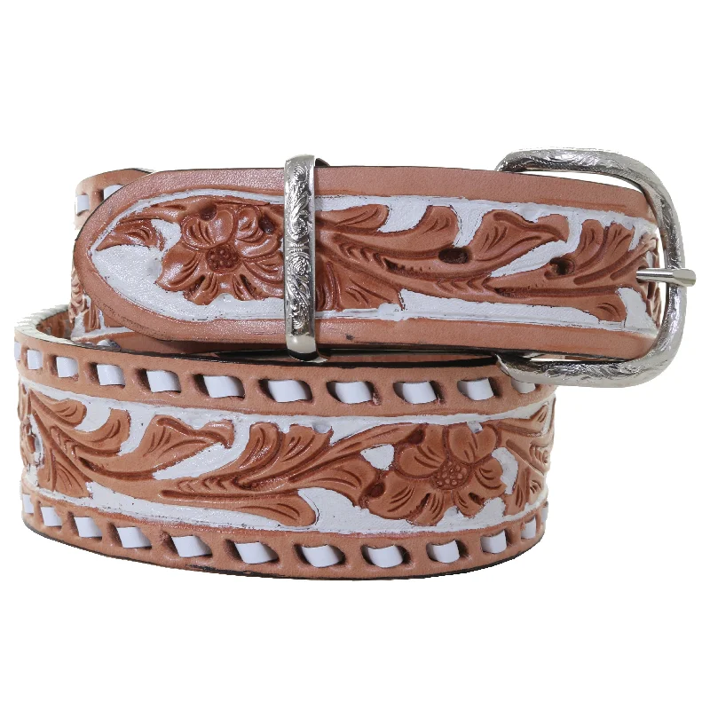 adjustable leather belt for dress pants -B083 - Floral Tooled Dyed Background Belt