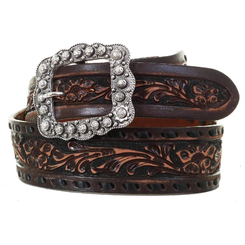 premium belt with gold accents -B085 - Brown Vintage Floral Tooled Buckstitch Belt