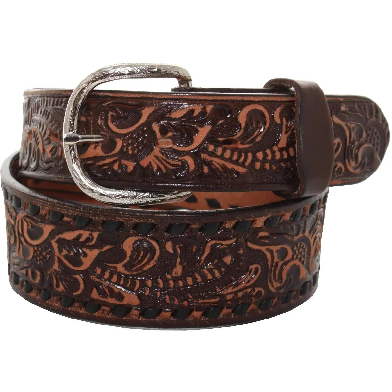 belt for office pants with buckle -B086 - Brown Vintage Floral Tooled Buckstitch Belt