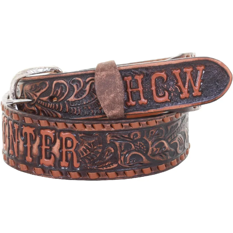 casual belt with round buckle -B086SA - FAST SHIP Brown Vintage Tooled Belt with Initials