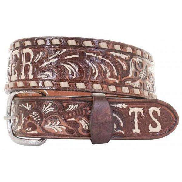 stylish leather waist belt with buckle -B086SB - FAST SHIP Brown Vintage Tooled Belt with Initials