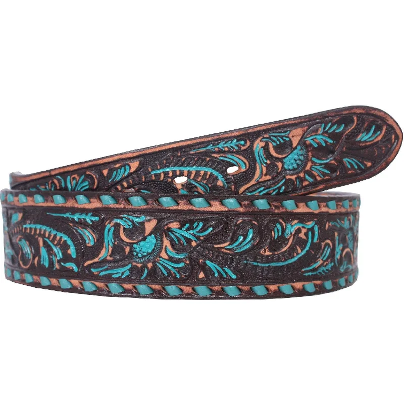 thin black leather belt for trousers -B087 - Brown Vintage Turquoise Floral Hi-Lites Belt