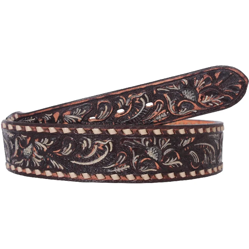 fashionable leather belt with large buckle -B091 - Brown Floral Tooled Cream Hi-Lites Belt