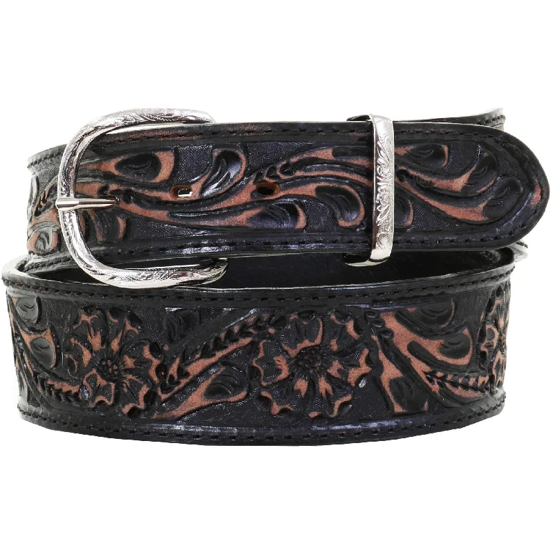 belt for men’s work trousers -B1002 - Black Walnut Vintage Floral Tooled Belt