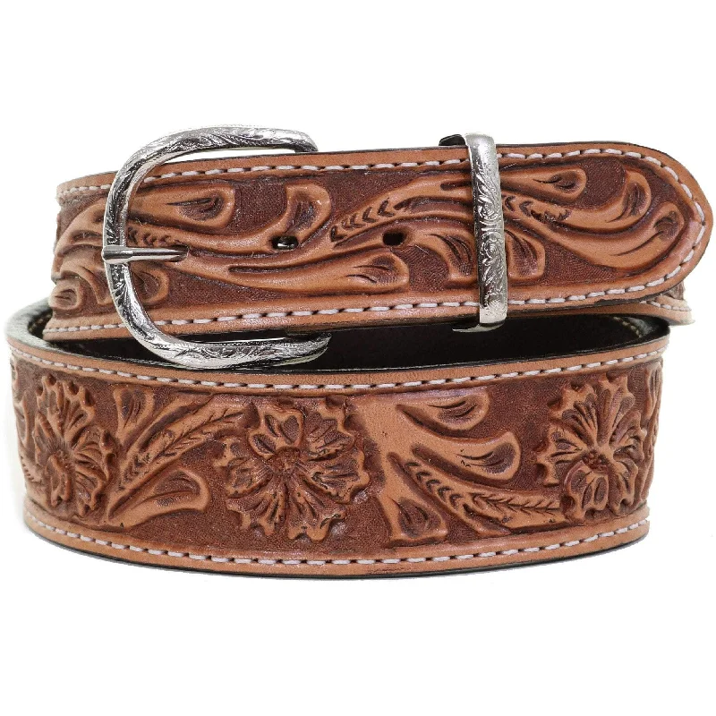 leather belt with clasp closure -B1004 - FAST SHIP Natural Floral Tooled Belt