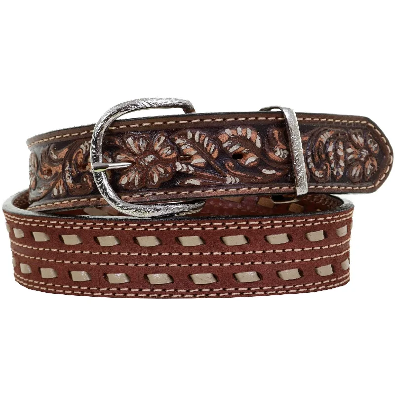 soft leather waist belt for casual outfits -B1007 - Brown Rough Out Tooled Belt