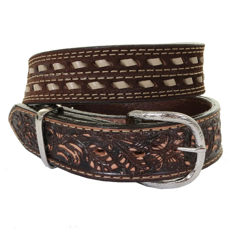 reversible leather belt for formal wear -B1007A - Brown Rough Out Tooled Belt