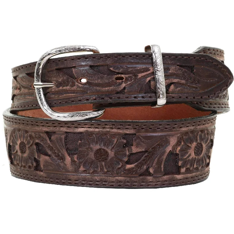 classic black leather waist belt for women -B1008 - Brown Vintage Floral Tooled Belt