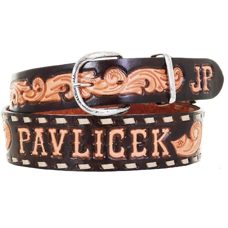 brown leather belt for men’s outfit -B1013 -Brown Whirlwind Tooled Belt with Initials