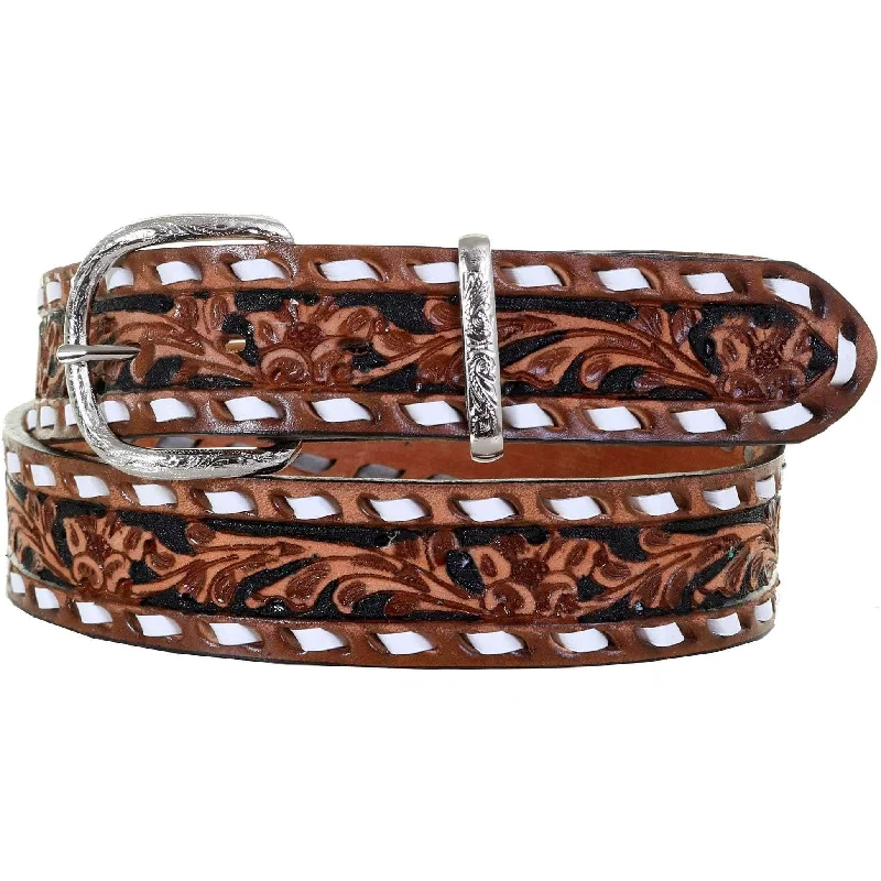 leather waist belt for office wear -B1021A - Pecan Vintage Floral Tooled Belt