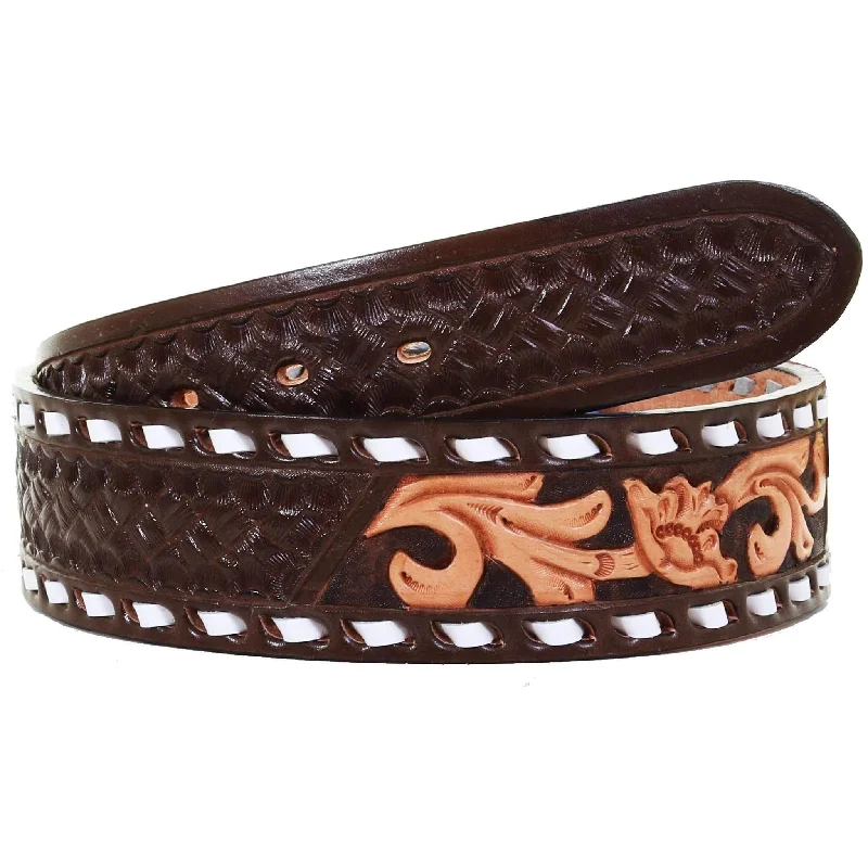 high-quality belt with silver buckle -B1023 - Floral Tooled Buckstitch Belt