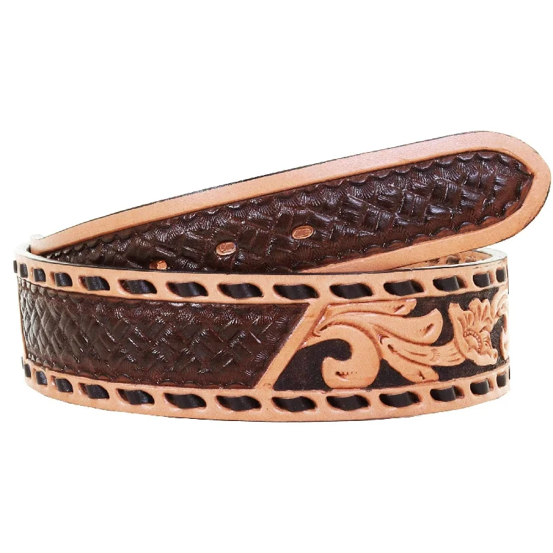 leather waist belt for special occasions -B1024 - Floral Tooled Buckstitch Belt