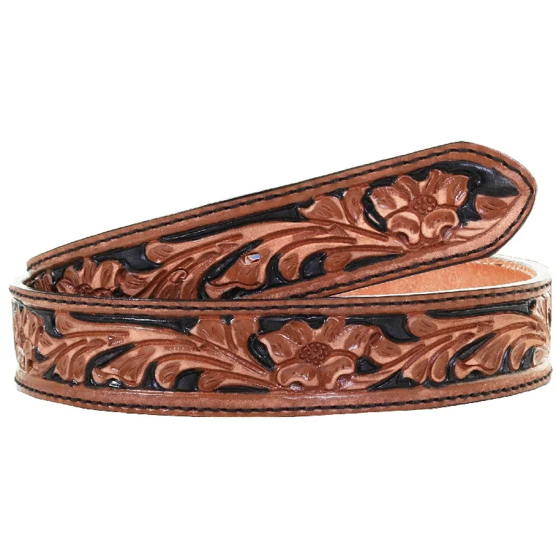 men’s black leather belt for trousers -B1026 - Pecan Vintage Floral Tooled Belt