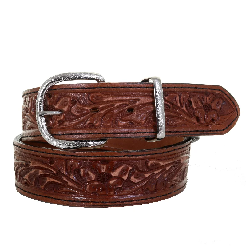 women’s waist belt with chain detail -B1026A - Pecan Vintage Floral Tooled Belt