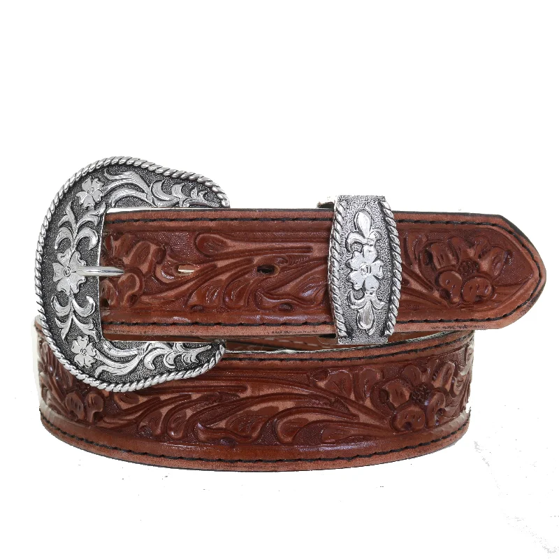 belt with unique clasp design -B1026B - Pecan Vintage Floral Tooled Belt