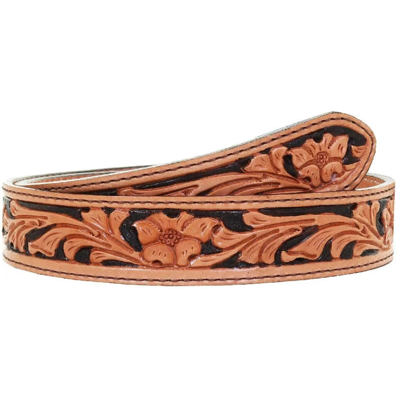 casual leather belt for office pants -B1028 - Natural Floral Tooled Belt