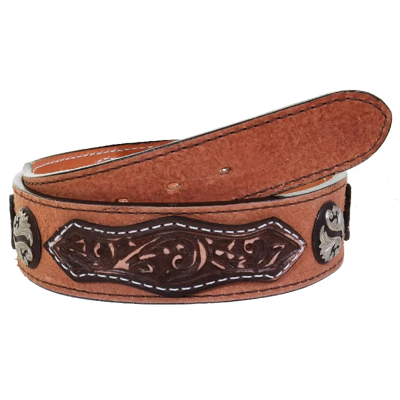 trendy waist belt with rhinestone accents -B1034A - Natural Rough Out Tooled Overlay Belt