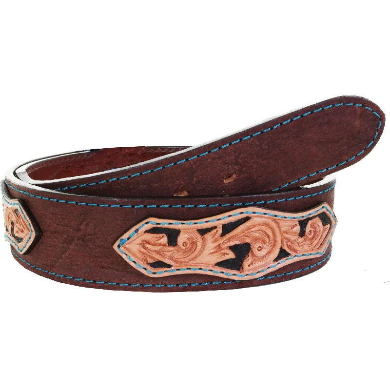 leather belt with bold buckle design -B1035 - Brown Rough Out Tooled Overlay Belt