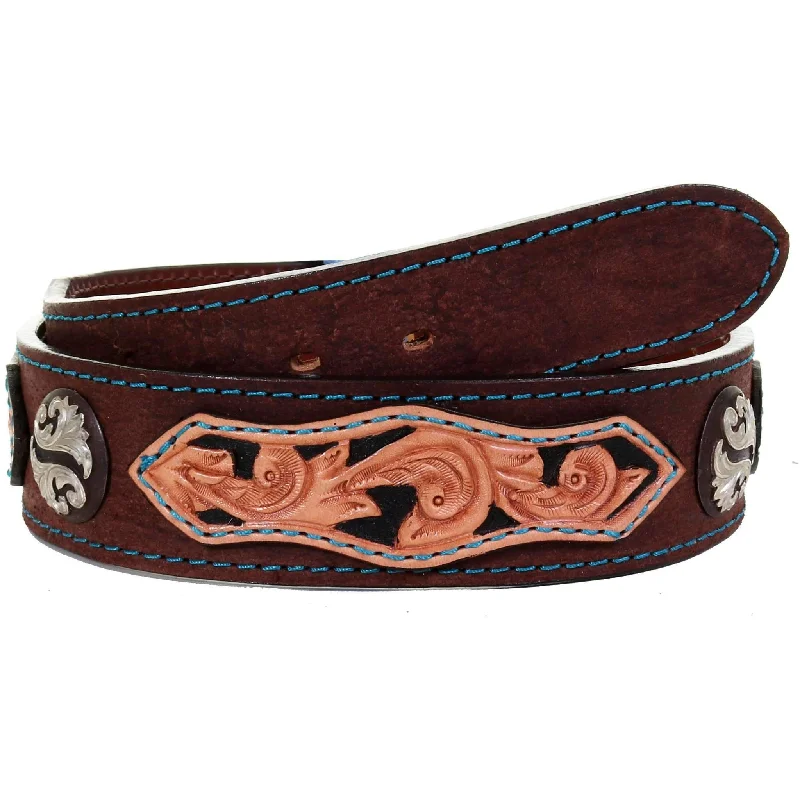 belt for jeans with intricate design -B1035A - Brown Rough Out Tooled Overlay Belt