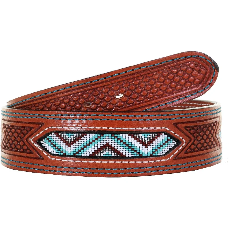 waist belt with floral lace design -B1037 - Chestnut Leather Beaded Belt