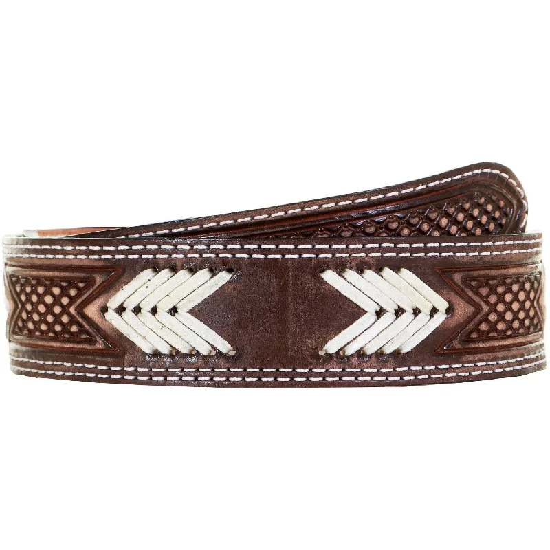 casual waist belt with modern buckle -B1041 - Brown Vintage Tooled Rawhide Belt