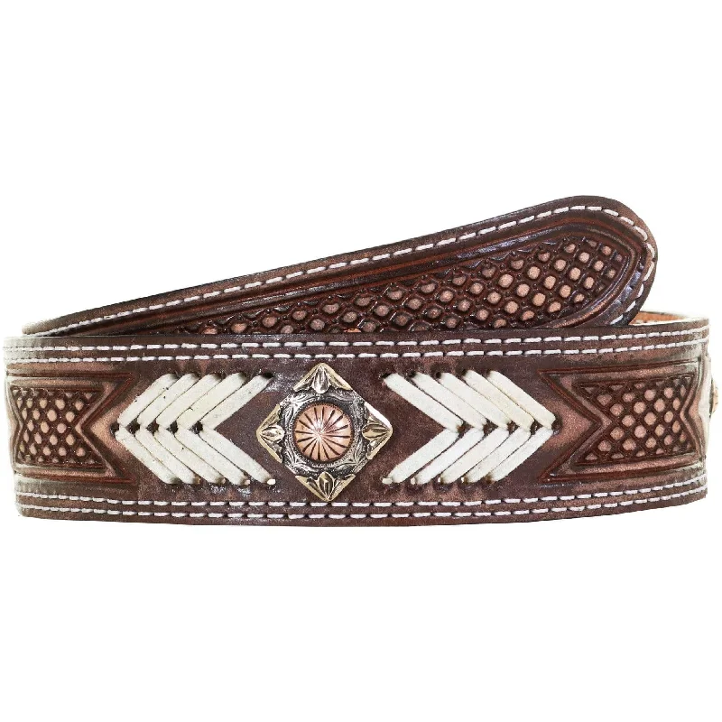 women’s classic leather waist belt -B1041A - Brown Vintage Tooled Rawhide Belt