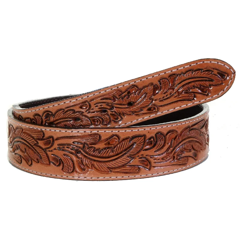 wide leather waist belt with silver buckle -B1045 - Natural Feather Tooled Belt