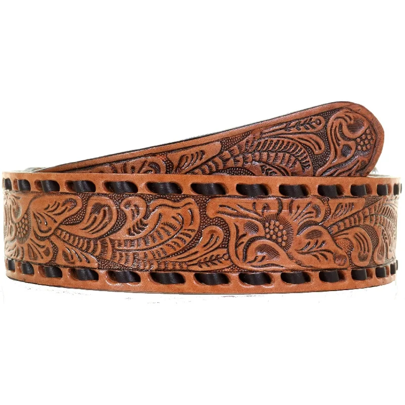 elastic belt for casual pants -B1050A - Natural Tooled Buck Stitched Belt