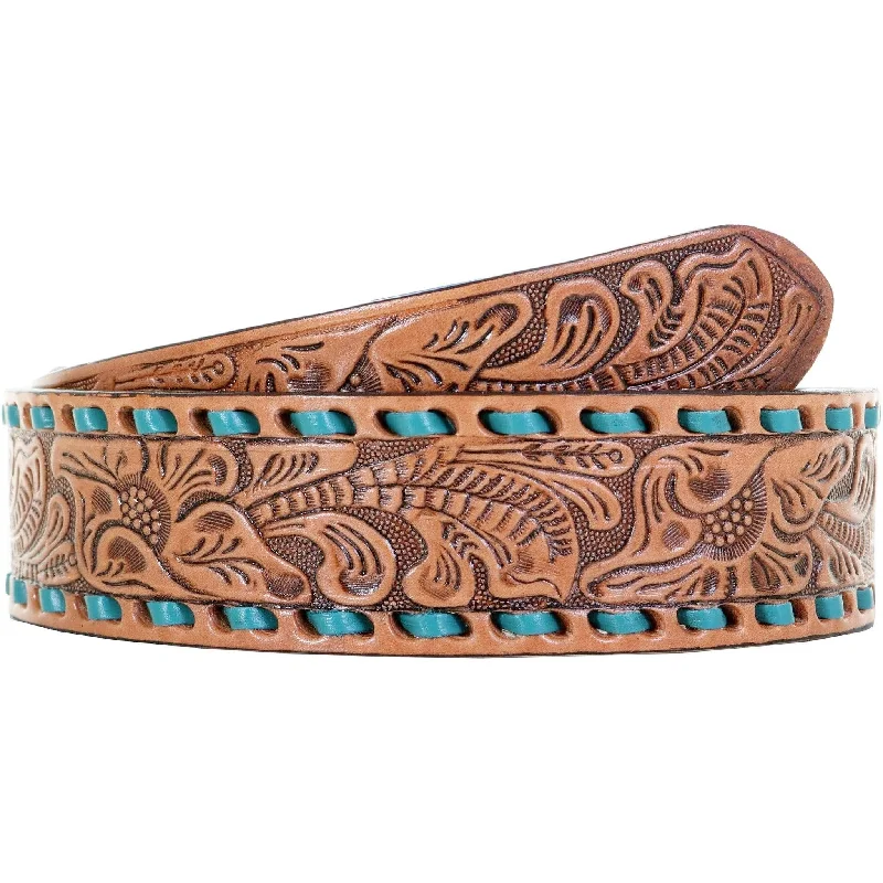 stylish leather waist belt with buckle -B1050B - Natural Tooled Buck Stitched Belt