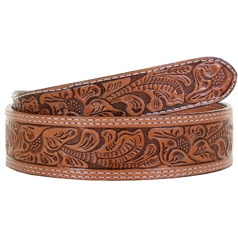 chic black leather waist belt -B1052 - Natural Floral Tooled Belt