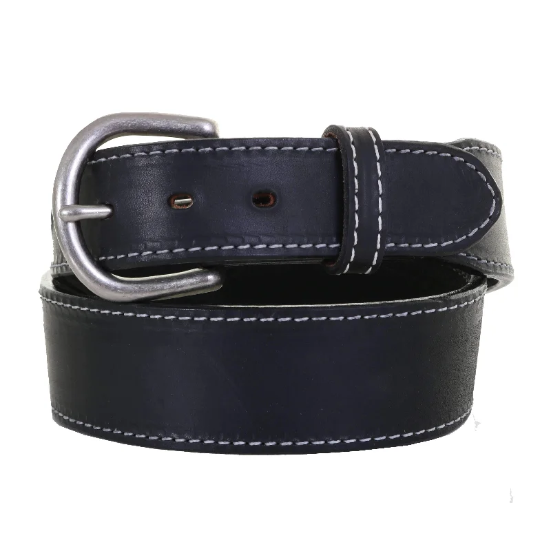 casual belt with round buckle -B1053A - Black Leather Stitched Belt