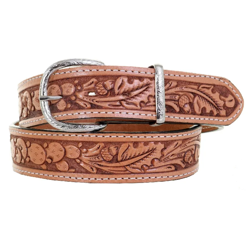 women’s wide belt with floral pattern -B1056 - Natural Acorn/Cactus Tooled Belt