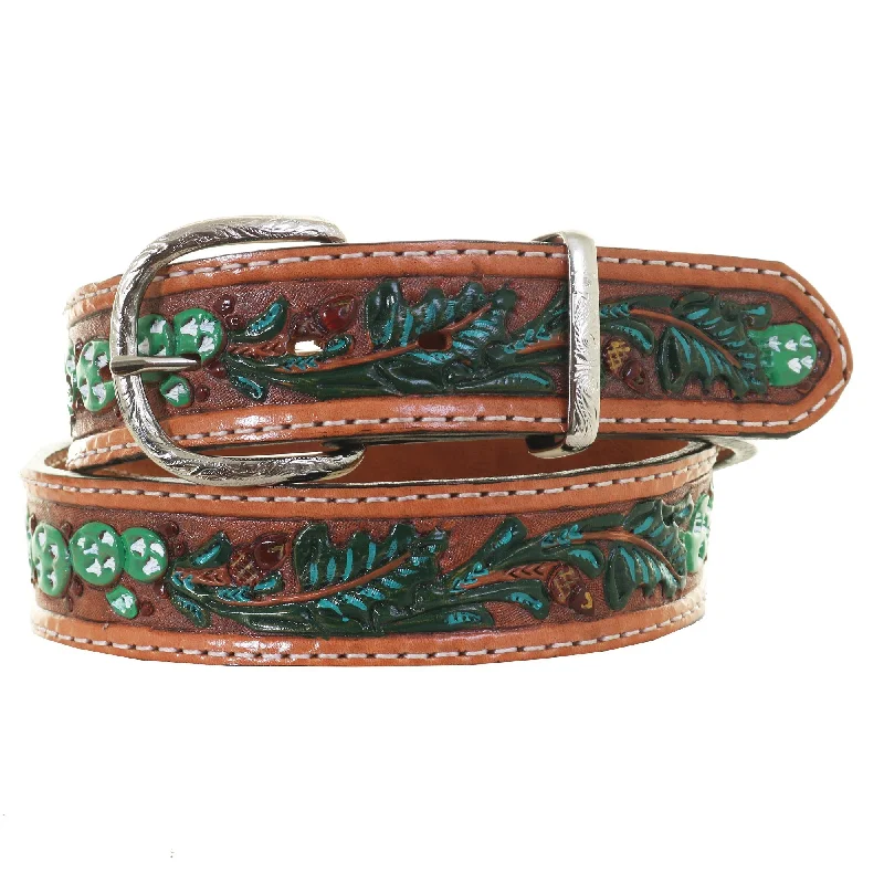 slim waist belt for casual wear -B1056A - Natural Acorn/Cactus Tooled Belt