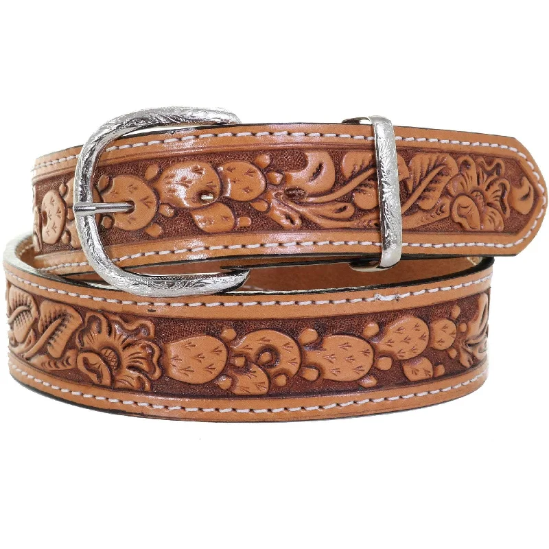 leather belt for office trousers with small buckle -B1057 - Natural Floral/Cactus Tooled Belt