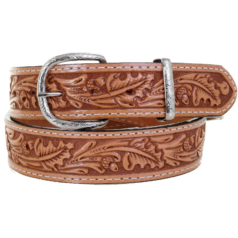 trendy leather waist belt with metallic finish -B1058 - Natural Acorn/Oak Leaf Tooled Belt