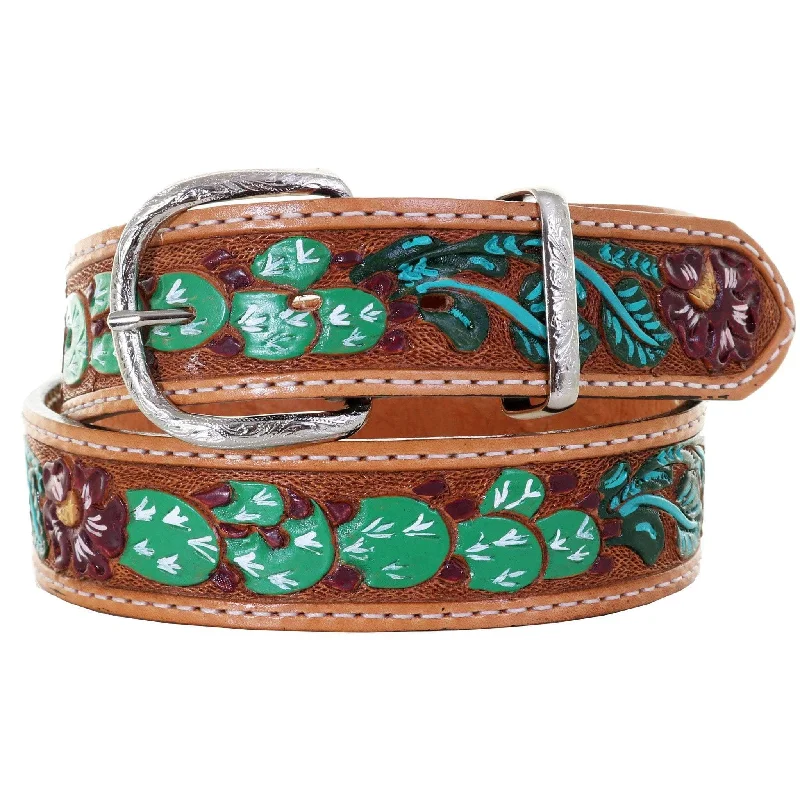 belt with fabric inserts for casual wear -B1063 - Natural Floral/Cactus Painted Tooled Belt