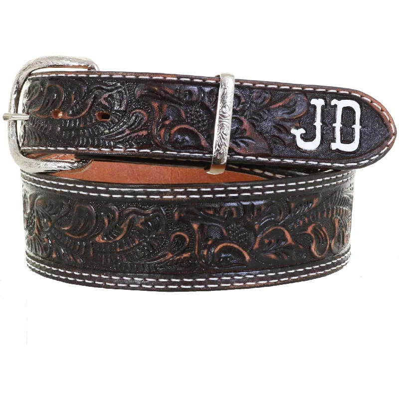 waist belt with floral lace design -B1064A - FAST SHIP Brown Vintage Tooled Belt with Initials